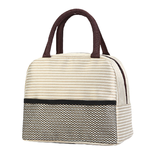 sac isotherme à rayures beige avec des poignées marron et une poche en filet en bas, idéal pour conserver les aliments et boissons au frais lors de pique-niques ou de sorties.