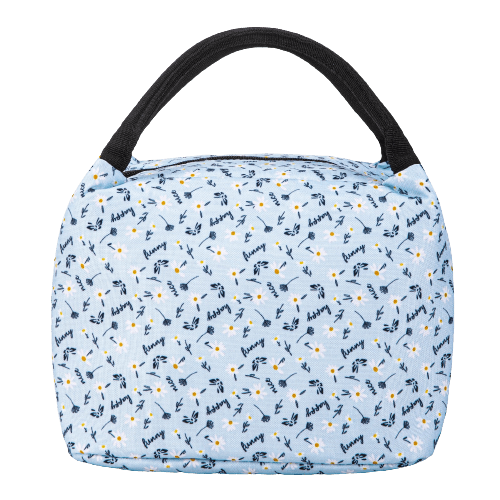 Sac isotherme à motif floral bleu, conçu pour garder les aliments et boissons au frais, avec une poignée noire pour un transport facile.