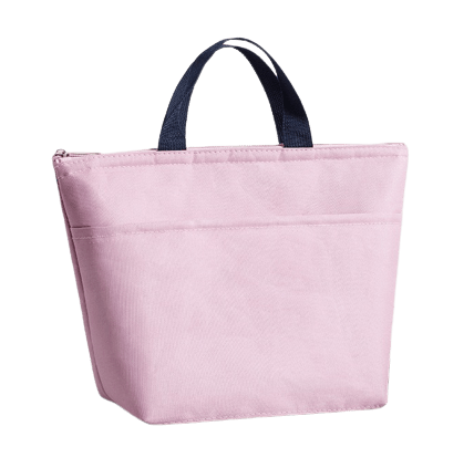 sac isotherme rose avec poignées bleues, idéal pour conserver la température des aliments et des boissons