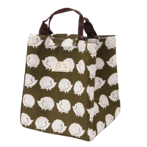 Sac isotherme en tissu avec motif de hérissons, conçu pour conserver la température des aliments et des boissons, idéal pour les pique-niques et les sorties.