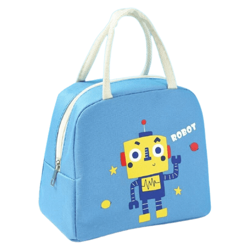 sac isotherme bleu avec motif robot et poignées blanches, idéal pour le transport des repas et des collations