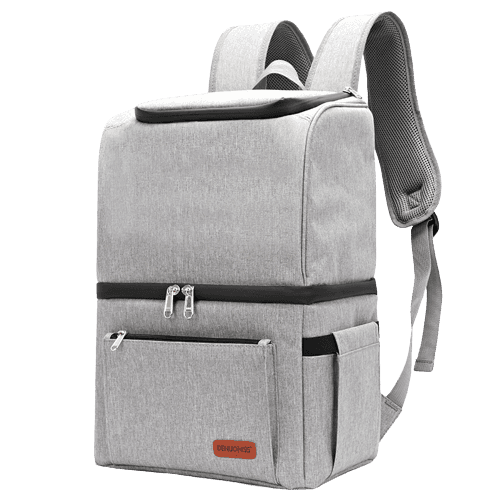Sac à dos isotherme gris, conçu pour le transport de nourriture et de boissons, avec plusieurs compartiments et une fermeture zippée.