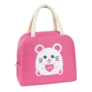 sac isotherme rose avec motif de souris mignonne et inscription LOVE, idéal pour transporter des aliments et boissons au frais
