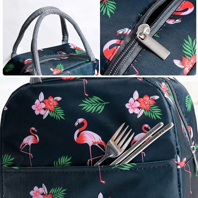 Sac isotherme avec motif flamant rose et fleurs, doté de poignées et d'une fermeture éclair, idéal pour transporter des repas et des boissons.