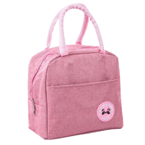 Sac isotherme rose avec poignées, conçu pour garder les aliments et boissons au frais, avec une poche avant pour un rangement supplémentaire.