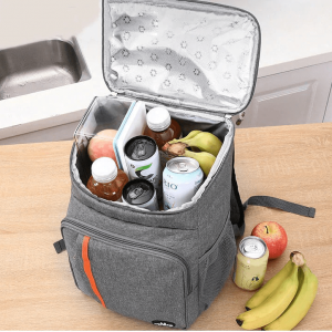 Sac à dos isotherme gris avec compartiment pour boissons et aliments, idéal pour le pique-nique ou les sorties en plein air.