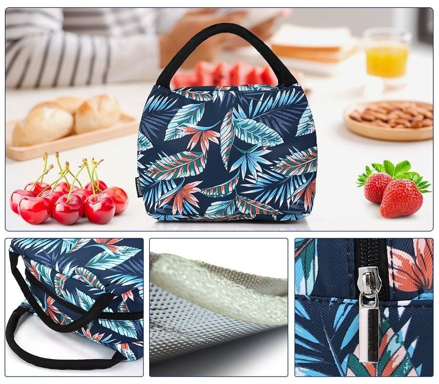 sac isotherme à motifs de feuilles tropicales, idéal pour le transport des repas et des boissons, doté de poignées confortables et d'une fermeture éclair pour une meilleure isolation thermique.
