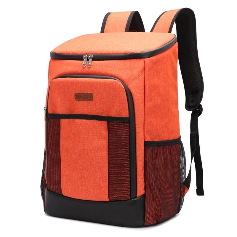 Sac à dos isotherme orange avec poches en filet, idéal pour le transport de nourriture et de boissons.