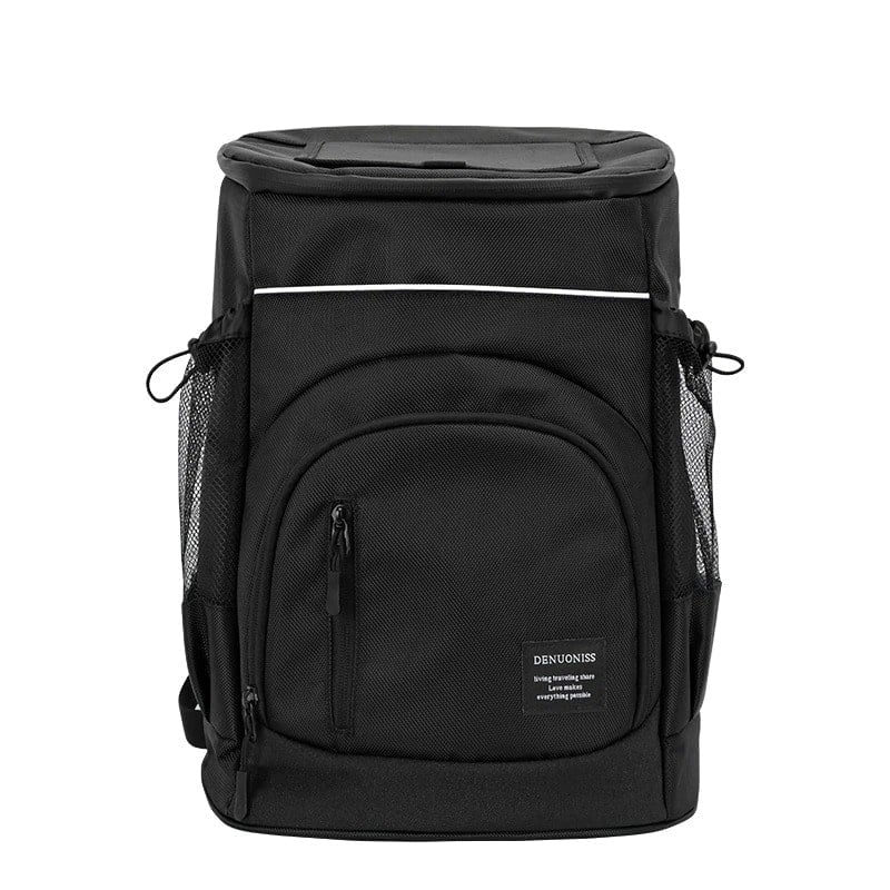 sac à dos isotherme noir avec poches latérales en mesh et fermeture éclair, idéal pour le transport d'aliments et de boissons fraîches