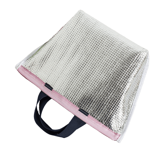 Sac isotherme en aluminium argenté avec anses noires, conçu pour conserver la température des aliments et boissons.