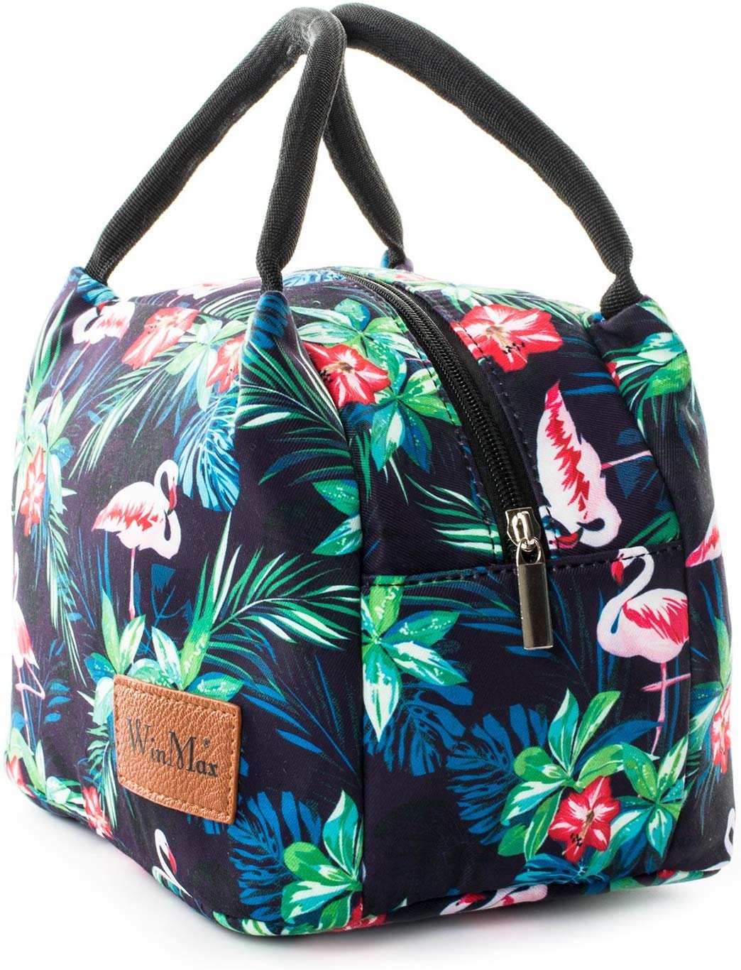 Sac isotherme à motifs floraux avec des flamants roses, idéal pour le transport de nourriture et de boissons, doté d'une fermeture éclair et de poignées pour un transport facile.