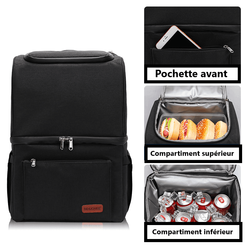 sac isotherme noir avec plusieurs compartiments, y compris une pochette avant pour téléphone, un compartiment supérieur pour les aliments et un compartiment inférieur pour les boissons