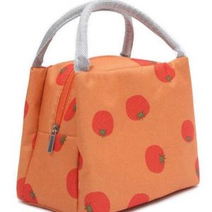sac isotherme orange à motifs de tomates, idéal pour conserver les aliments au frais, avec fermeture éclair et poignées pour un transport facile