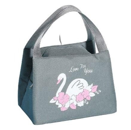 Sac isotherme en toile grise avec motif de cygne et fleurs, idéal pour transporter des repas et des boissons tout en maintenant leur température.