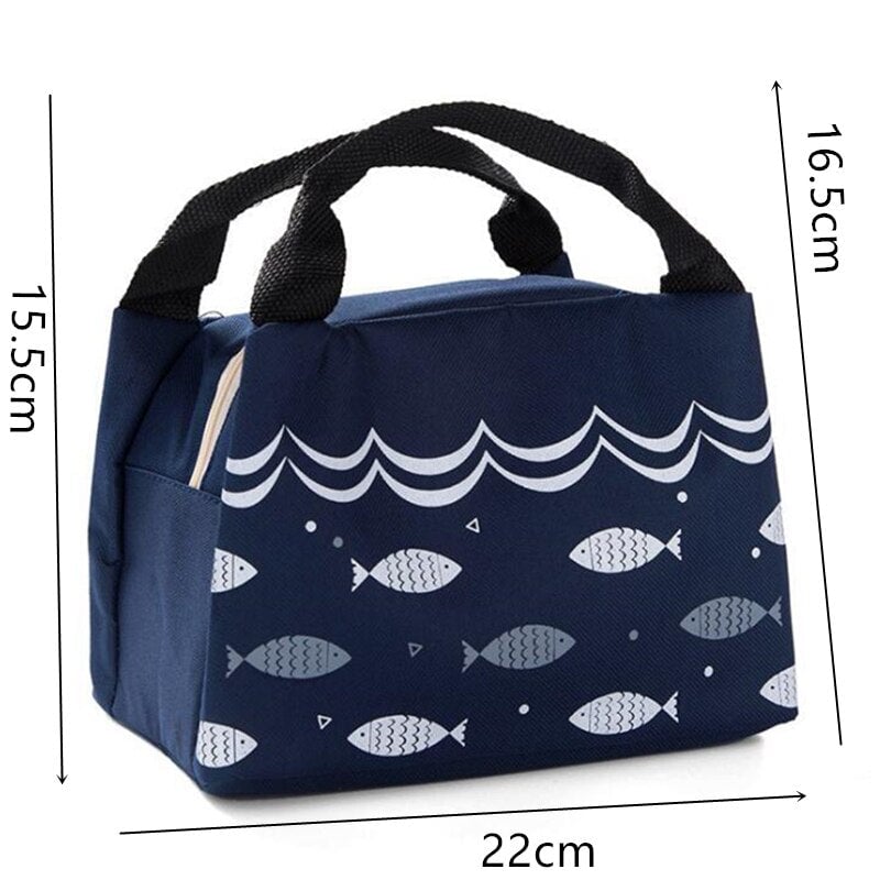 Sac isotherme bleu marine avec motif de poissons, dimensions 22 cm x 15,5 cm x 16,5 cm, idéal pour le transport de repas et de boissons.