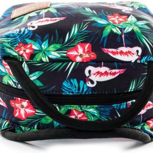Sac isotherme à motifs floraux et de flamants roses, idéal pour garder vos aliments et boissons au frais, avec des poignées pratiques et une fermeture éclair.