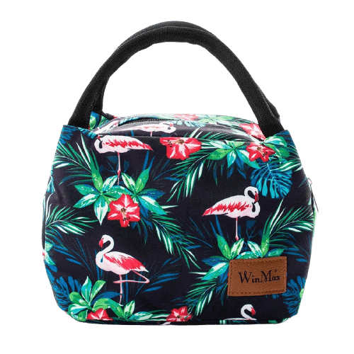 sac isotherme motif tropical avec flamants roses et anses noires, idéal pour le transport de repas et boissons, design élégant et pratique