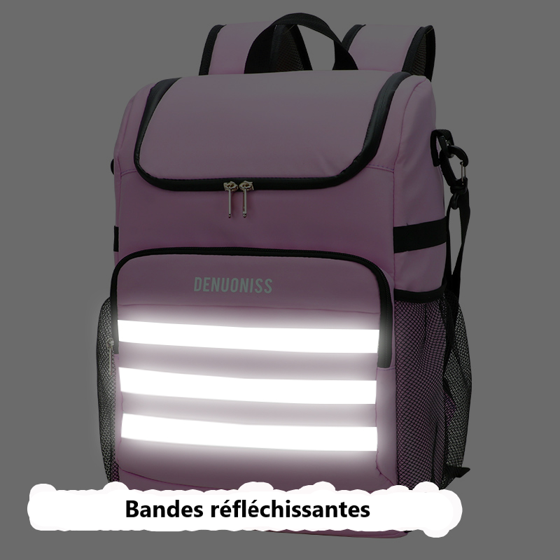 Sac à dos isotherme rose avec bandes réfléchissantes et poches latérales en mesh.