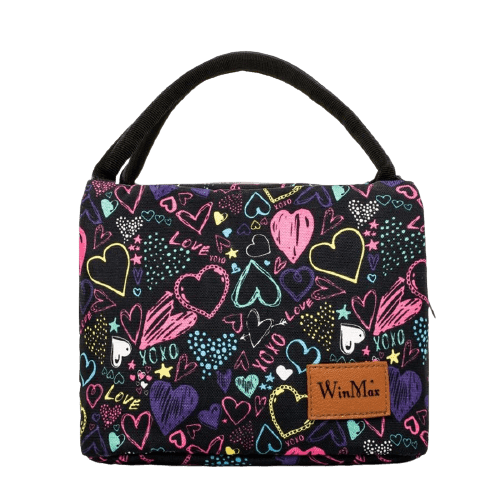 sac isotherme avec motif coloré de cœurs, idéal pour garder les aliments et boissons au frais, poignée pratique pour le transport, design moderne et ludique