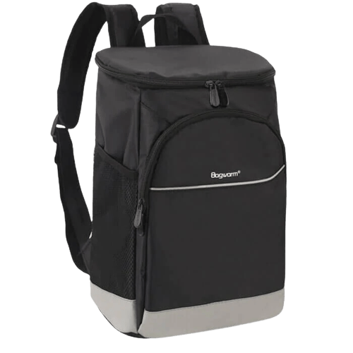 Sac à dos isotherme noir avec compartiment principal zippé et poches latérales en mesh, idéal pour transporter des boissons et des aliments au frais.