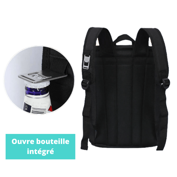 sac isotherme noir avec ouvre-bouteille intégré, idéal pour garder vos boissons fraîches pendant vos déplacements