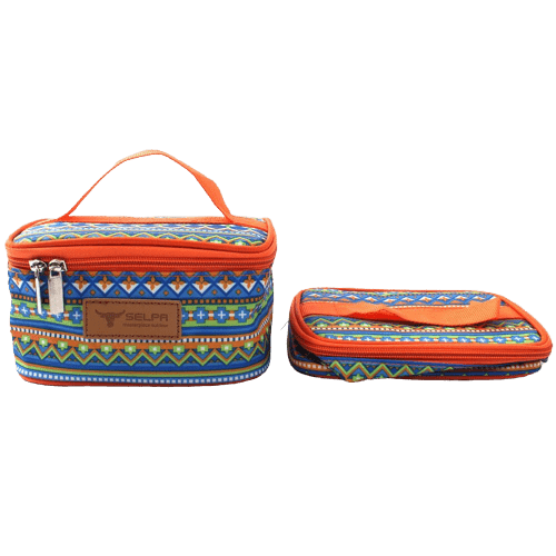 sacs isothermes colorés avec motifs géométriques, un grand avec une poignée et un petit, parfaits pour le transport de repas et de boissons.