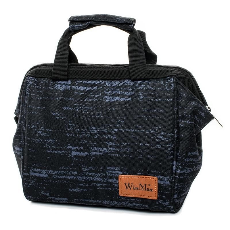 sac isotherme noir avec motif texturé et poignée, idéal pour transporter des repas et des boissons tout en maintenant leur température
