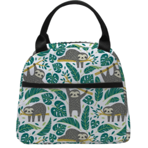 sac isotherme avec motif de paresseux et feuillage tropical, idéal pour le pique-nique ou le déjeuner en extérieur, avec une fermeture zippée et des poignées confortables