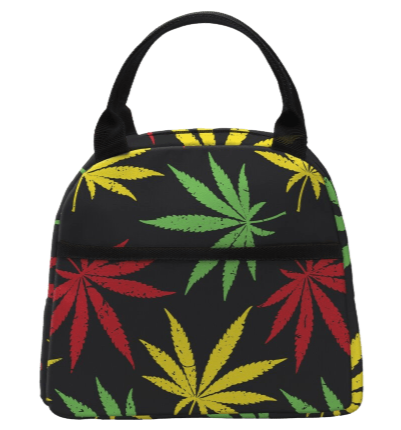 Sac isotherme avec motif de feuilles de cannabis en couleurs rouge, vert et jaune, idéal pour conserver vos aliments et boissons à la bonne température.