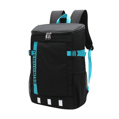 Sac à dos isotherme noir avec des accents turquoise, conçu pour maintenir la température des aliments et des boissons, idéal pour les pique-niques et les sorties en plein air.