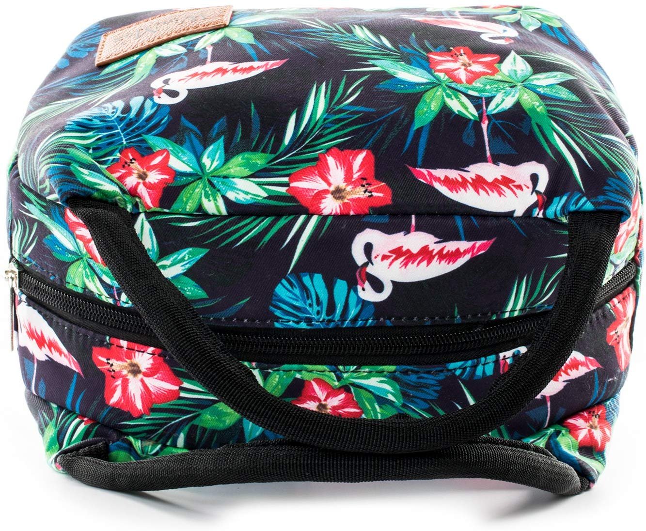 Sac isotherme à motifs floraux et de flamants roses, idéal pour garder vos aliments et boissons au frais, avec des poignées pratiques et une fermeture éclair.