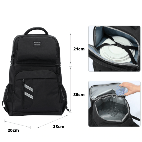 Sac à dos isotherme noir, dimensions 33 cm x 20 cm x 21 cm, avec compartiment principal pour contenants et poches latérales pour bouteilles.