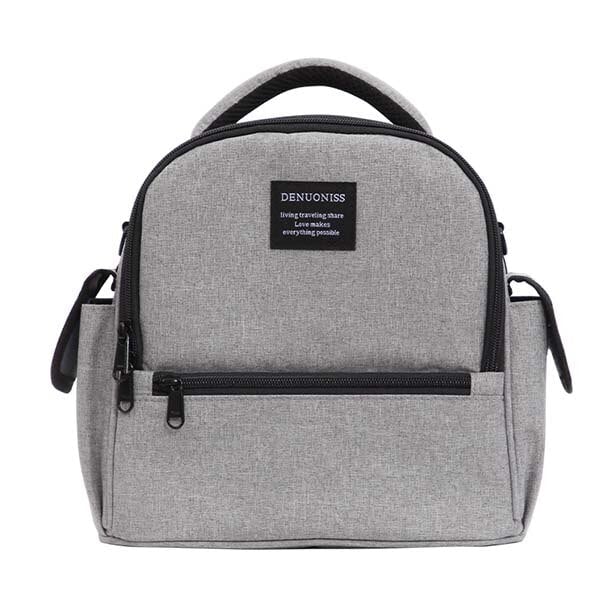sac à dos isotherme gris avec poches zippées et poignées, idéal pour le transport de repas et boissons en toute sécurité