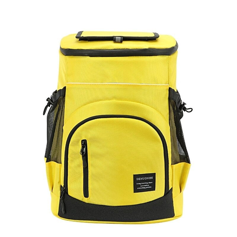 sac à dos isotherme jaune avec poches en filet et fermeture éclair, idéal pour le transport de boissons et aliments frais