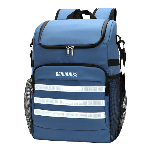 Sac à dos isotherme bleu avec bandes réfléchissantes, idéal pour le transport de repas et boissons, conçu pour maintenir la température des aliments.
