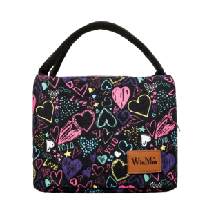 sac isotherme avec motif coloré de cœurs, idéal pour garder les aliments et boissons au frais, poignée pratique pour le transport, design moderne et ludique