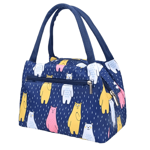 Sac isotherme à motifs d'ours colorés, idéal pour conserver vos aliments et boissons au frais, avec une fermeture éclair et des poignées robustes.