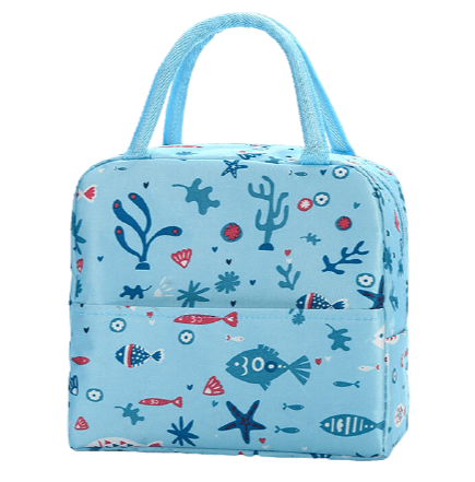 sac isotherme bleu avec motifs marins, idéal pour conserver les aliments et boissons au frais, doté de poignées pratiques pour un transport facile.