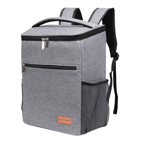 Sac à dos isotherme en tissu gris avec compartiment principal zippé, poches latérales en filet et poignée supérieure, idéal pour transporter des aliments et des boissons au frais.