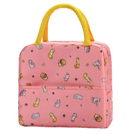 sac isotherme rose avec motifs animaliers et poignées jaunes, idéal pour garder les aliments et boissons au frais