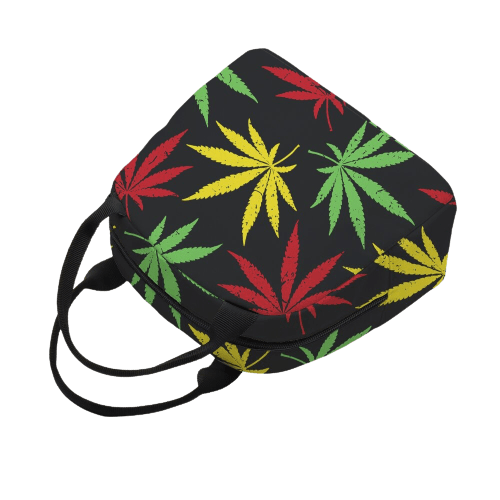 sac isotherme avec motif de feuilles de cannabis en rouge, jaune et vert, idéal pour garder les aliments et boissons au frais, design tendance et pratique pour les sorties.