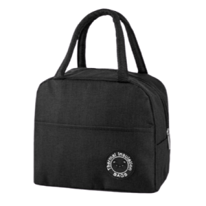 sac isotherme noir avec poignées et poche avant, idéal pour le transport de repas ou de boissons, en tissu résistant et facile à nettoyer