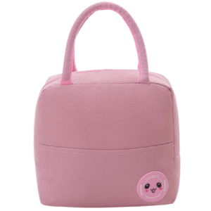 sac isotherme rose avec anses, design mignon et logo souriant, idéal pour transporter des aliments et boissons au frais