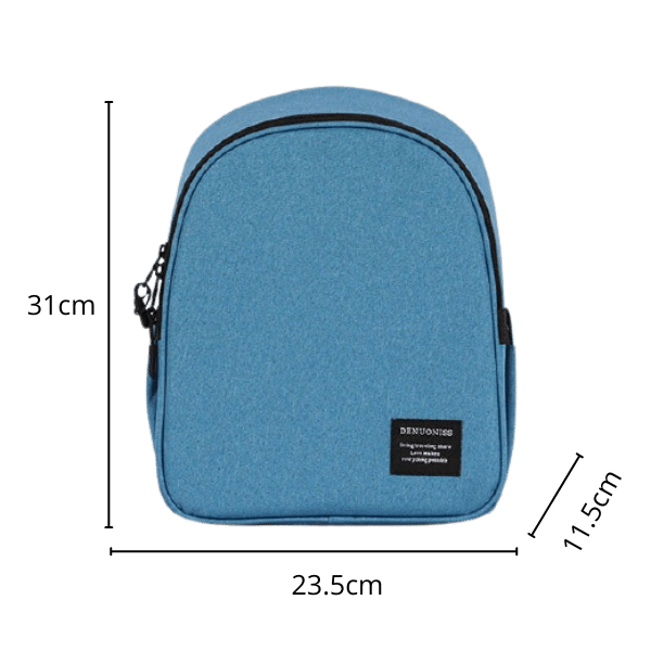 Sac isotherme bleu de dimensions 31 cm de hauteur, 23,5 cm de largeur et 11,5 cm de profondeur, idéal pour conserver vos aliments et boissons à la bonne température.
