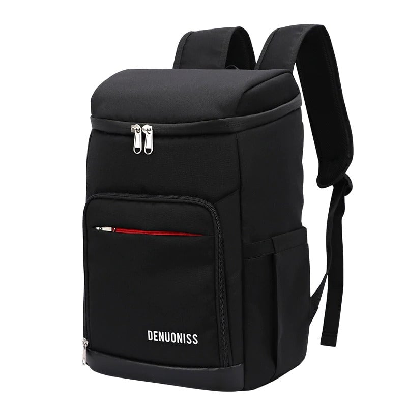 Sac à dos isotherme noir avec poches, idéal pour transporter des repas et des boissons au frais, conçu pour un usage quotidien ou des sorties en plein air.