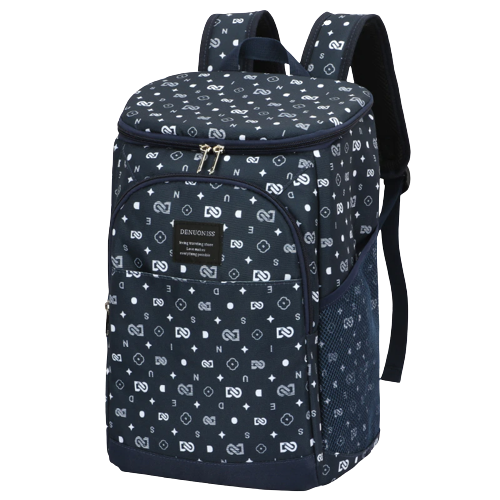 sac à dos isotherme bleu marine avec motifs géométriques, conçu pour garder les aliments et boissons au frais, équipé de bretelles réglables et d'une grande capacité de rangement