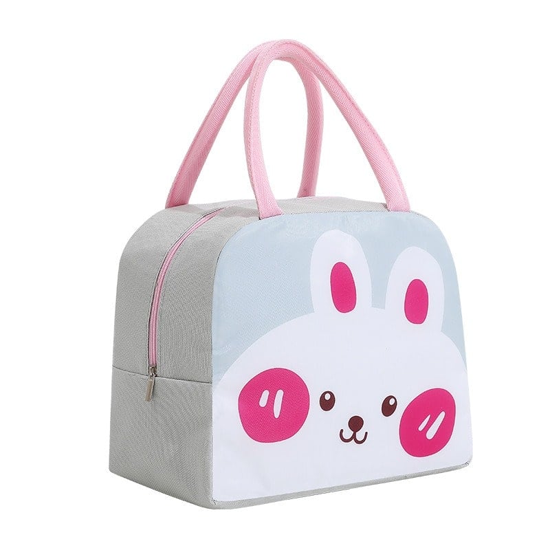 sac isotherme en forme de lapin avec des poignées roses, idéal pour le transport de repas et de boissons, design amusant et coloré