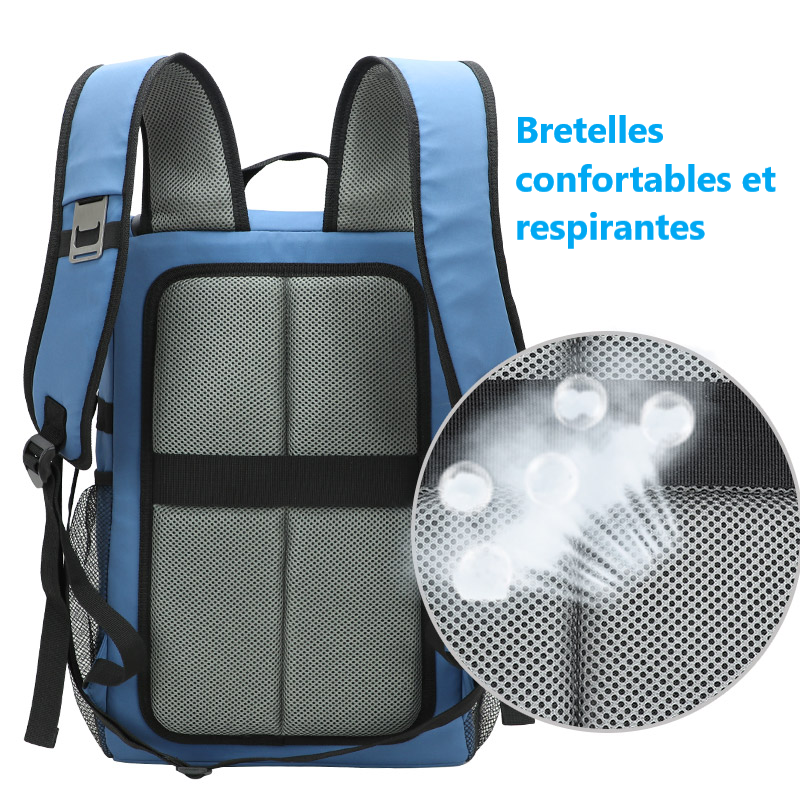 Sac à dos isotherme avec bretelles confortables et respirantes, conçu pour maintenir la température des aliments et des boissons.