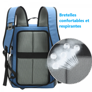 Sac à dos isotherme avec bretelles confortables et respirantes, conçu pour maintenir la température des aliments et des boissons.
