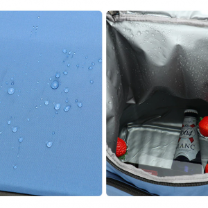 Sac isotherme bleu avec tissu résistant à l'eau, intérieur isolé, contenant des bouteilles et des fruits, idéal pour le transport de boissons et aliments frais.